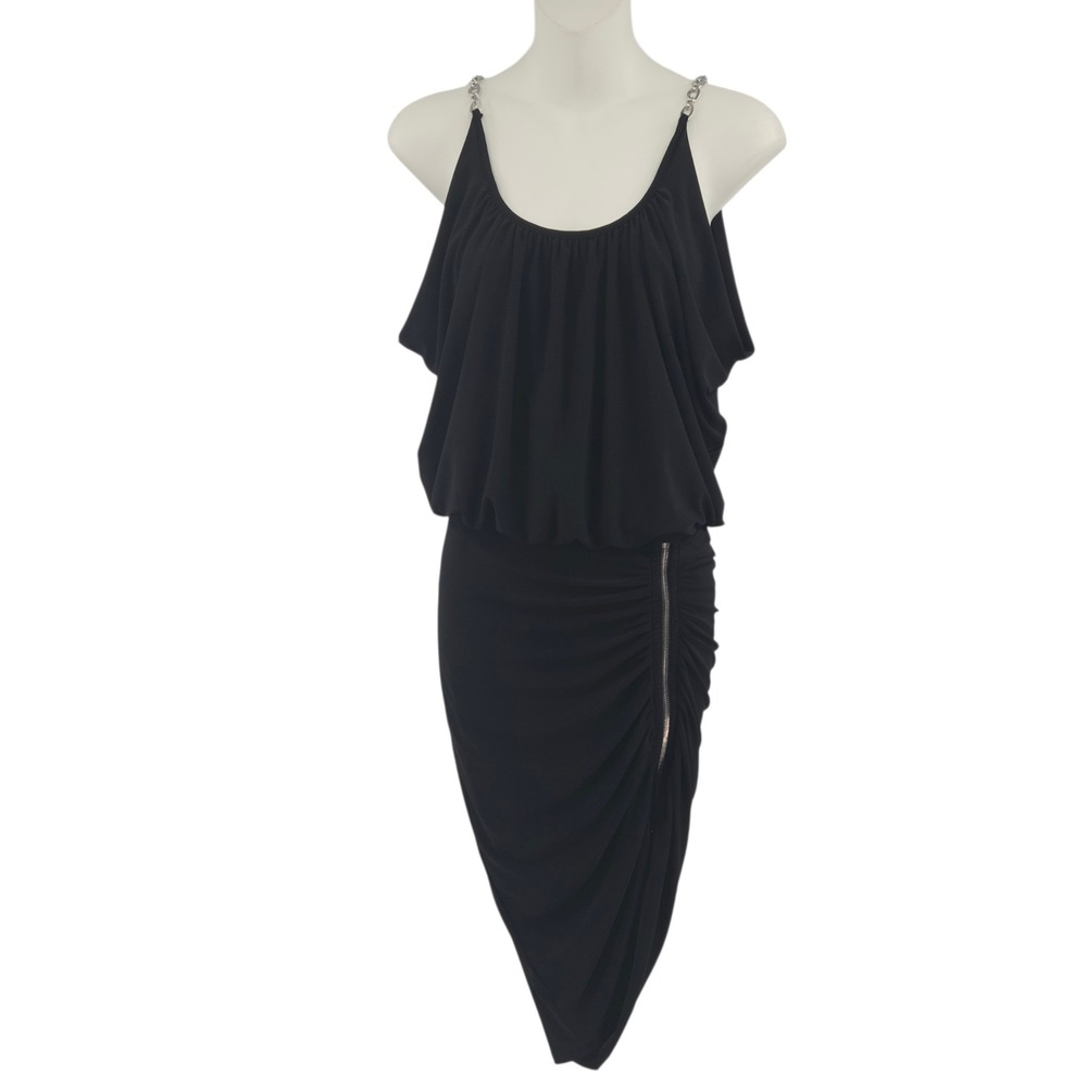 Cache Asymmetrical Cocktail Dress S‎ Black Chain Strap Zipper Ruched Chic LBD